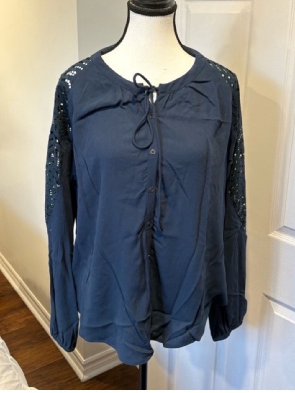 Gentle Fawn Lace Sleeve Blouse Slate Blue Button Front Top Size M